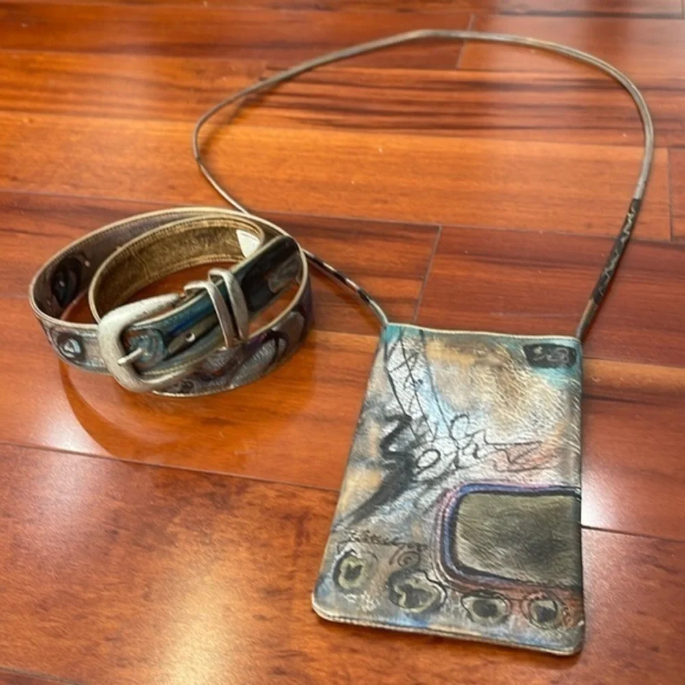 Jane Yoo hand painted leather belt, and Crossbody purse set